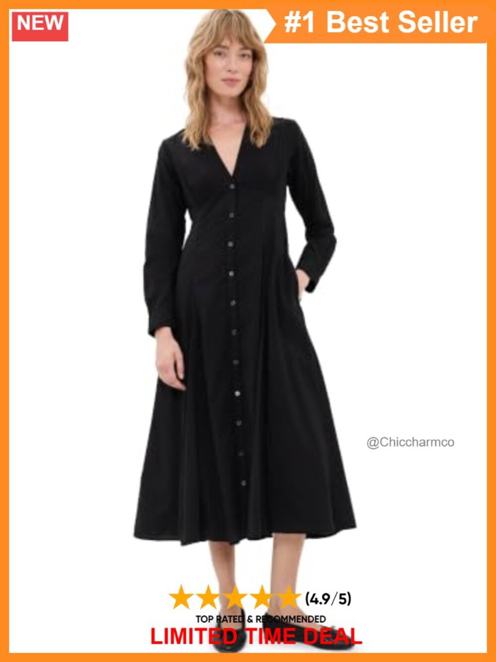 Women's Louisa Midi Dress Poplin Button Placket Long Cuff Sleeve Casual